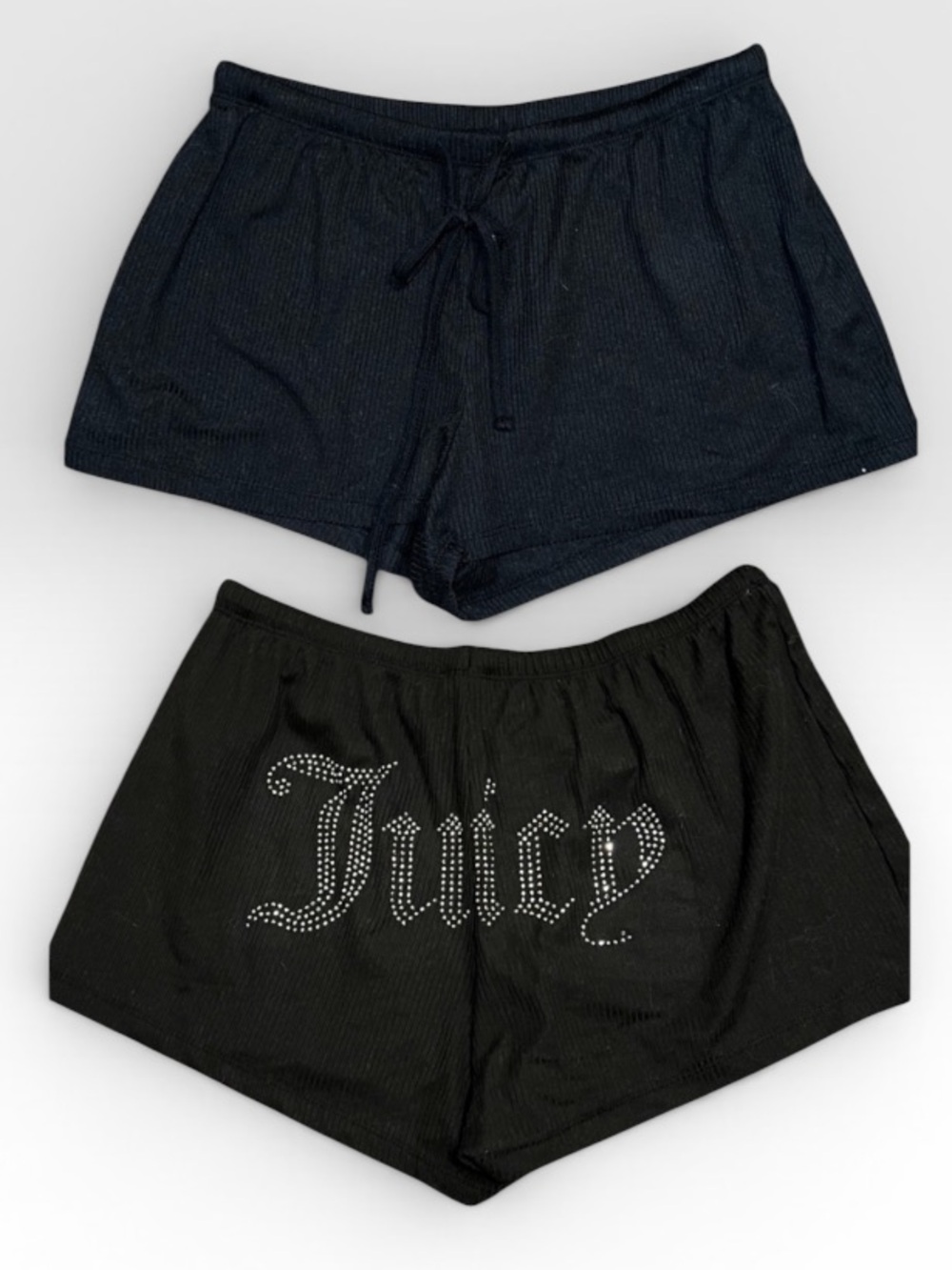 Juicy Couture Black Y2K Ribbed Silver Bling Logo Drawstring Lounge Shorts Size M